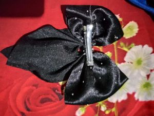 Silver Satin Bow Hair Clip