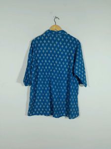 Blue Printed Shirt Style Top For Women's