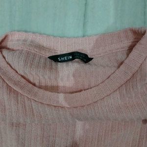 SHEIN Pink Ribbed Ruched Tie-Side Full Sleeve Top