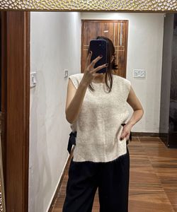 Cream Ribbed Vest Sweater with Black Bow detailing