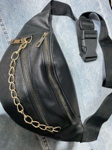 Black Faux Leather Fanny Pack with Gold Chain