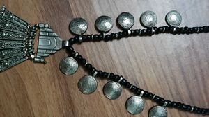 Ethnic Silver Tone Necklace with Black Beads