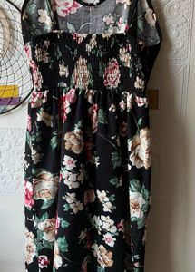 Black floral A-line Dress with Pockets