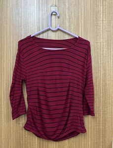 Maroon & Black Stripes Slim Fit T-shirt For Women