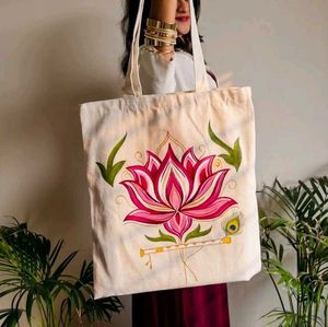 Hand-Painted Lotus &amp; Flute Tote Bag