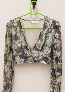 Sheer Floral Print Long Sleeve Crop Top