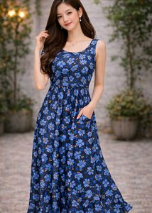 Blue Floral Print Maxi Dress