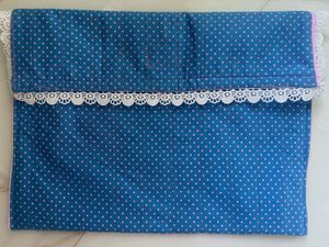 handmade blue Polka Dot laptop Bag with Lace Trim