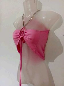 Pink Halter Neck Chain Detail Crop Top
