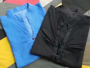 Blue Polka Dot & Black Kurta Set