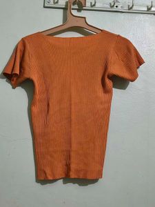 Orange Ribbed V-Neck Top