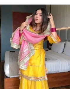 Vibrant Yellow Kurta Set with Pink Dupatta