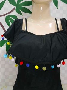 (285)Black Ruffle Pom-Pom Swimsuit