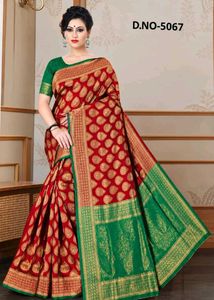 Vibrant Red Silk Saree with Intricate Weave