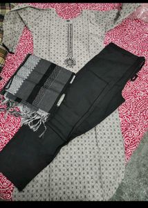 Elegant Grey Printed Kurta Set with Dupatta