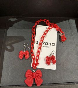 Savana Red Bow Necklace & Earring Set