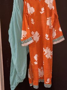 Bright Orange Floral Kurta Set