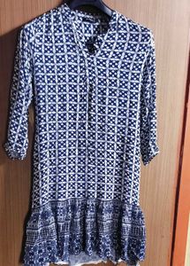 Boho Blue & White Print Mini Dress