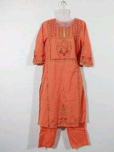 Orange Printed Cotton Kurti Set (Women)