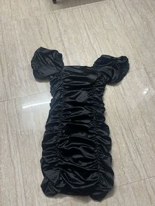 Black Ruched Puff Sleeve Mini Dress
