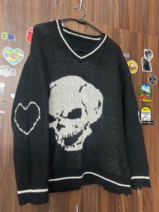 Black Skull Print V-Neck Sweater