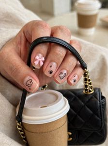 Cute Pink Square Press-On Nails  Puppy Paw &amp; Bow D