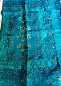 Stunning Teal Embroidered Silk Saree