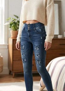 Stylish Blue Jeans with Butterfly Print