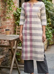 Women’s Cream & Mauve Checked Long Kurti