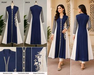 Title: Blue White Embroidered Anarkali Kurta Used