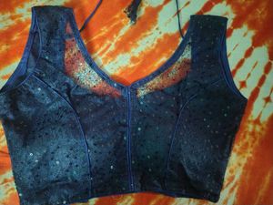 Stunning Navy Sequined Deep V-Neck Blouse