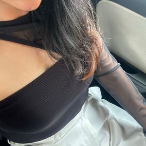 Sheer Sleeve One Shoulder Black Top