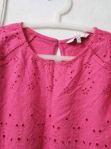 Bright Pink Eyelet Short Sleeve Top