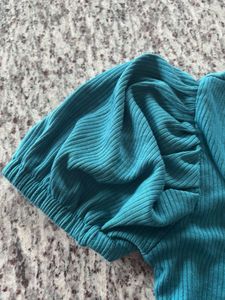 Teal Ribbed Puff Sleeve Top