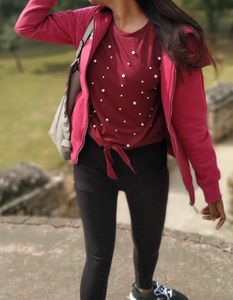 Maroon Pearl Embellished T-Shirt