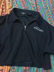 Black Collared Zip-Up Cropped Top