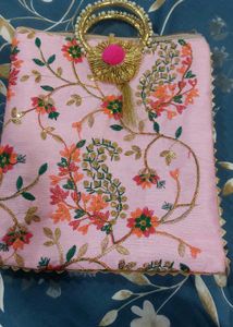 Embroidered Pink Clutch with Handle