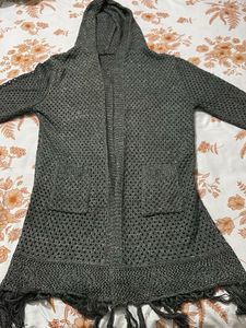 Gray Knit Hooded Cardigan