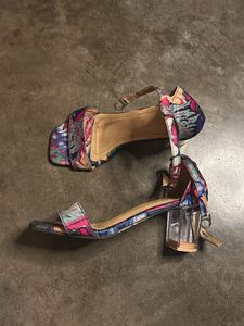 Colorful Floral Clear Block Heel Sandals