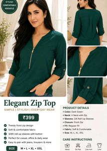 Elegant Dark Green Front Zip Top