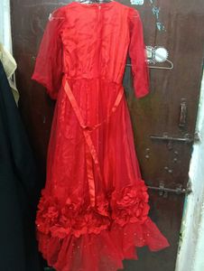 Stunning Red Net Gown with Floral Embellishments