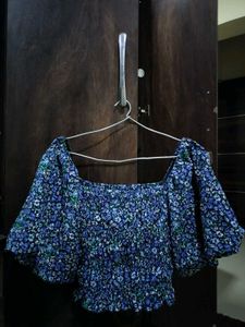 Blue Floral Smocked Puff Sleeve Top