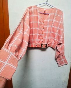 PINK BALLOON SLEEVES CROP TOP WITH BELT