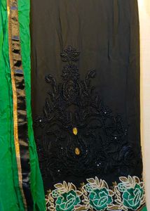 Black &amp; Green Embroidered Suit And Dupatta
