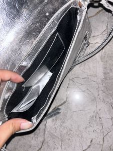 MANGO; Silver Metallic Shoulder Bag