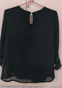 Antheaa Black Pleated Top with Beaded Neck - Size