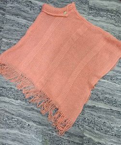 Coral Knit Poncho with Fringe