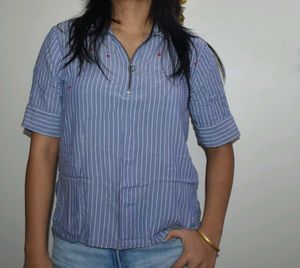 Blue Striped Zipper Top