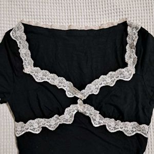 Y2k Vintage Cottagecore Black Lace Trim Crop Top