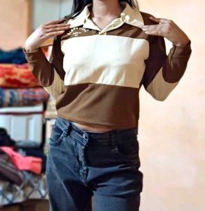 Korean Brown Colorblocked Crop Top